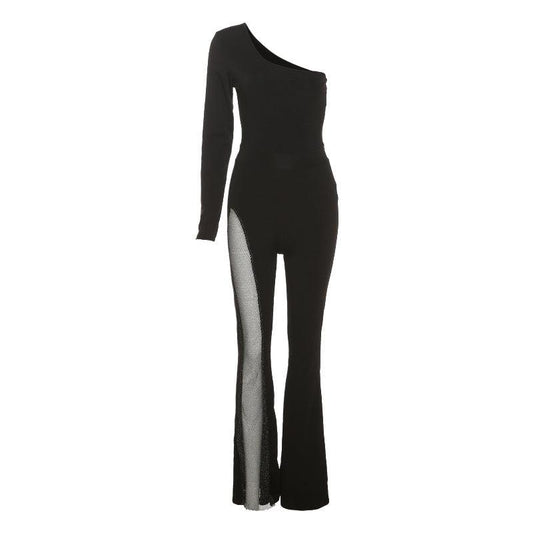 Sexy Mesh Stitching Micro Pull Jumpsuit with Asymmetric Design - ForVanity jumpsuits, Jumpsuits & Rompers, women's clothing Jumpsuits