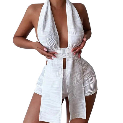 Chic Geometric Pleated Backless Two-Piece Set - Sizzling Summer Style - ForVanity short outfit, women's outfits Shorts Outfits