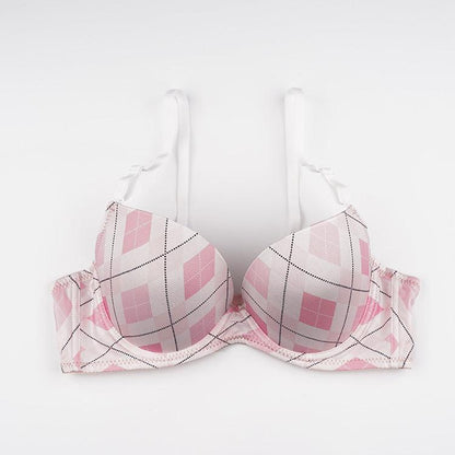 Pink Comfortable Steel Ring Middle Cup Plaid Gathered Bra - ForVanity bras, women's lingerie 