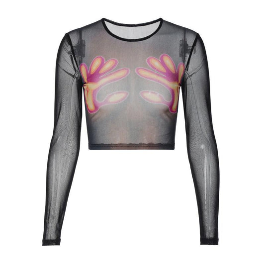 Slim Fit Sexy See-Through Mesh Long Sleeve Crop Top - ForVanity tops & tees, women's clothing Shirts & Tops