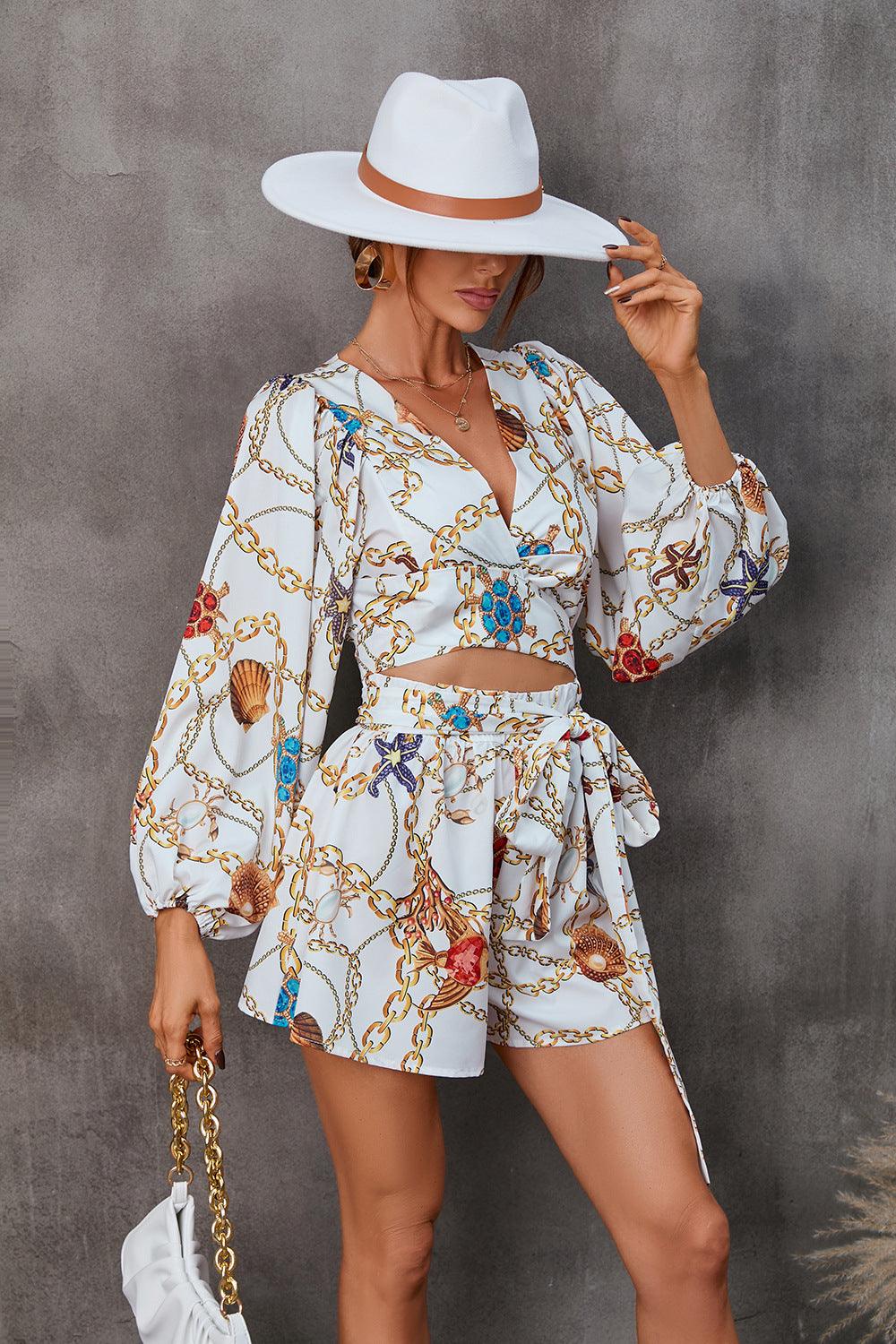 Tropical Printing Long Sleeve Outfit for Women - Loose Fit with Belted Waist - ForVanity short outfit, women's outfits Shorts Outfits