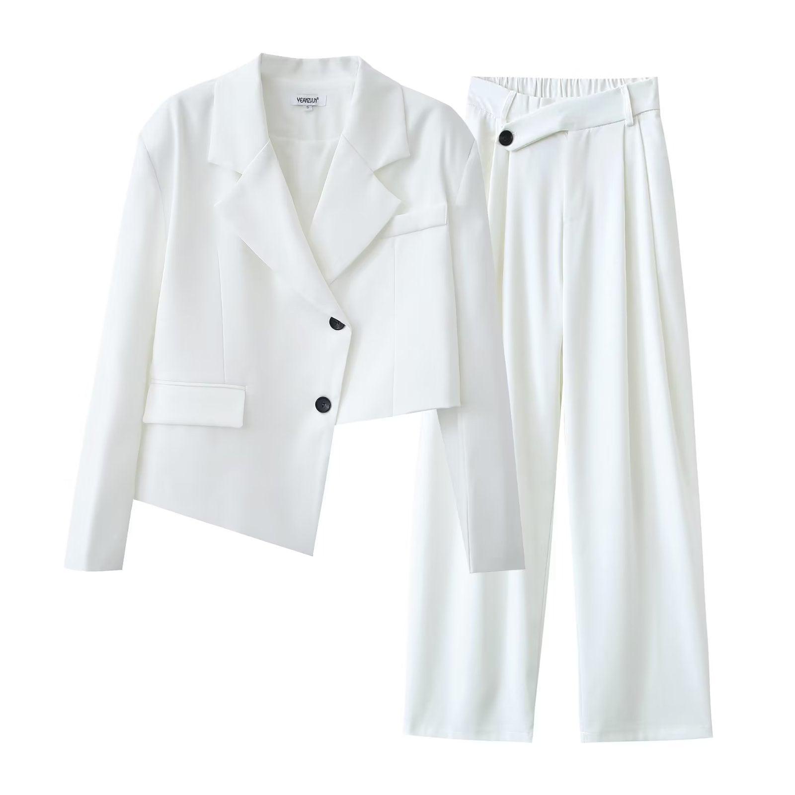 Contemporary Asymmetric Short Blazer & High Waist Wide Leg Pants Suit - ForVanity pant suit, women's clothing, women's suits Pant Suits