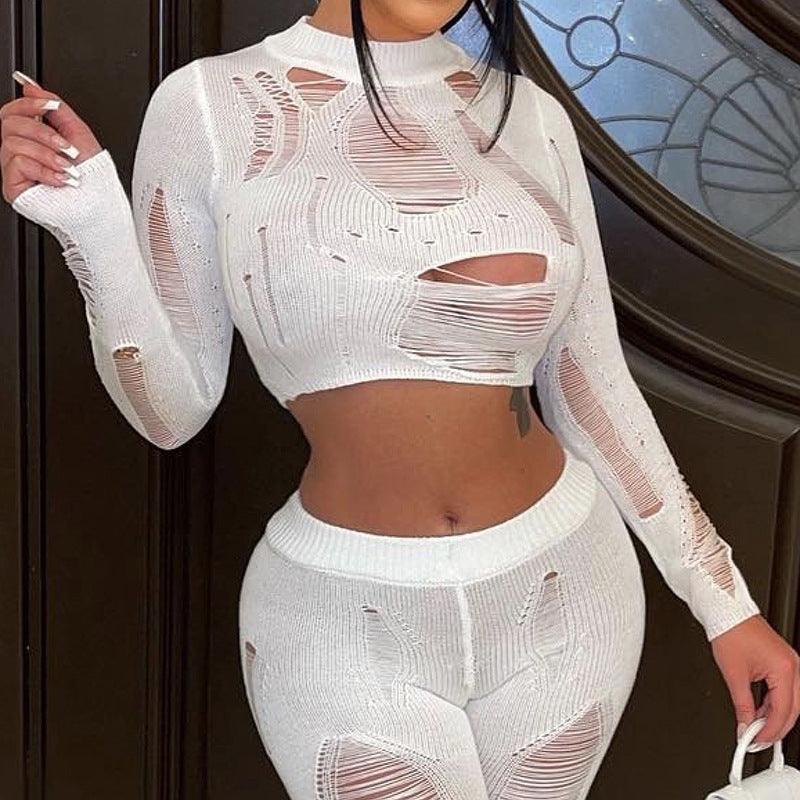 Sexy Cutout Long Sleeve Crop Top & Slim Fit Trousers Set for Women - ForVanity pant outfit, women's clothing, women's outfits Pants Outfits