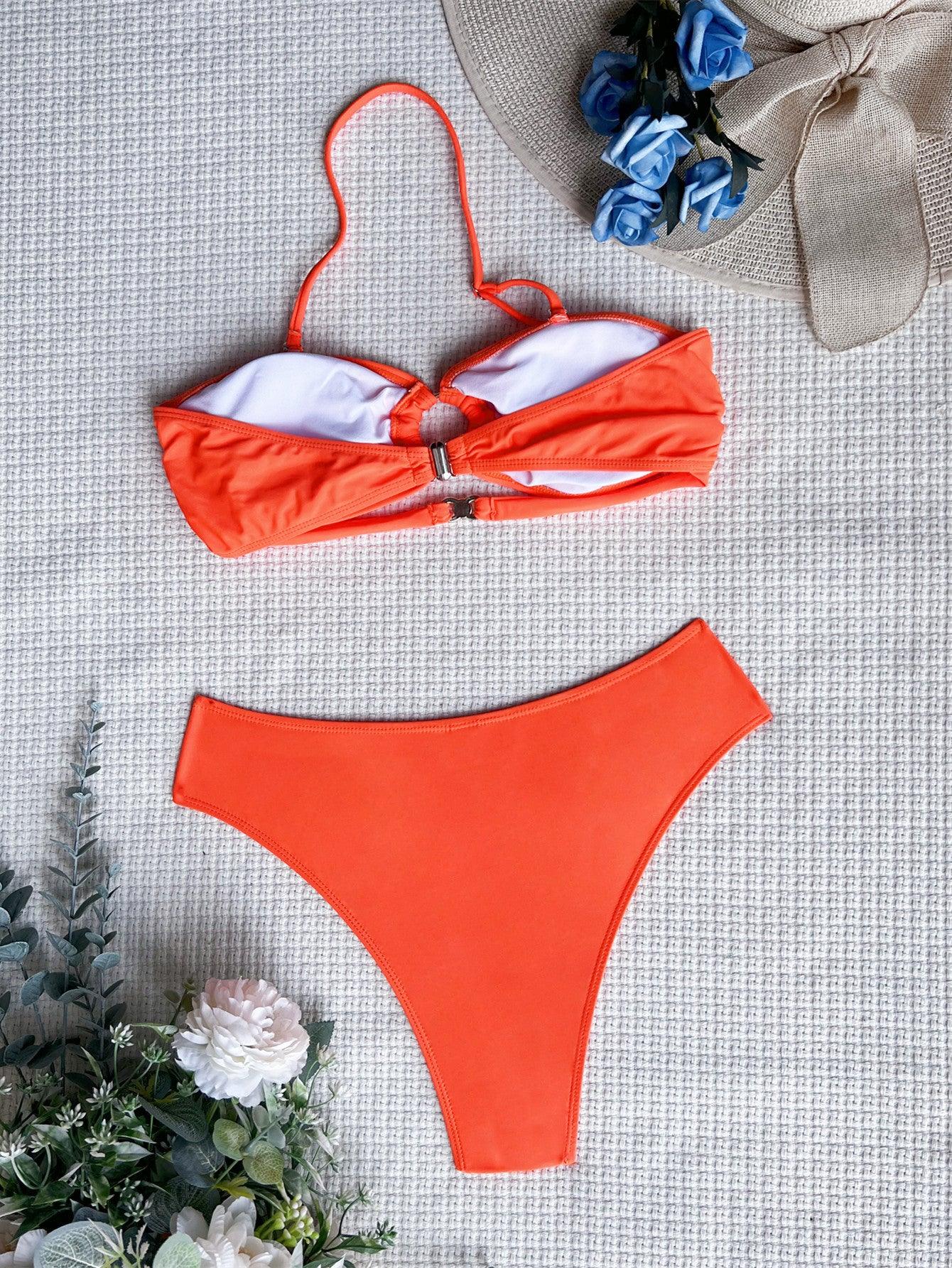 Boho Backless Solid Color Bikini Swimsuit with Cutout Details and Halter Strap - ForVanity swimwear, women's lingerie, women's swimwear Swimwear