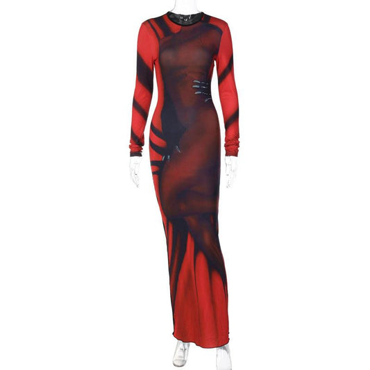 Contrast Color Long Sleeve Bodycon Maxi Dress: Dynamic Elegance Unleashed - ForVanity cocktail dress, dress, women's clothing Party Dress