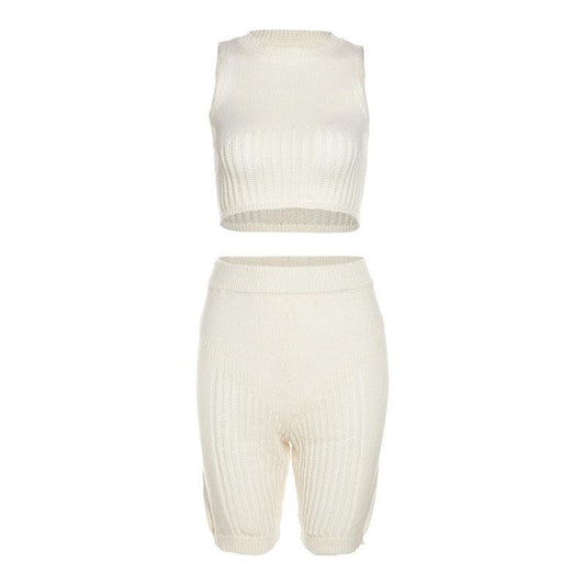 Summer Knitted Two-Piece Suit - Sleeveless Vest & Slimming Shorts - ForVanity short outfit, women's outfits Shorts Outfits