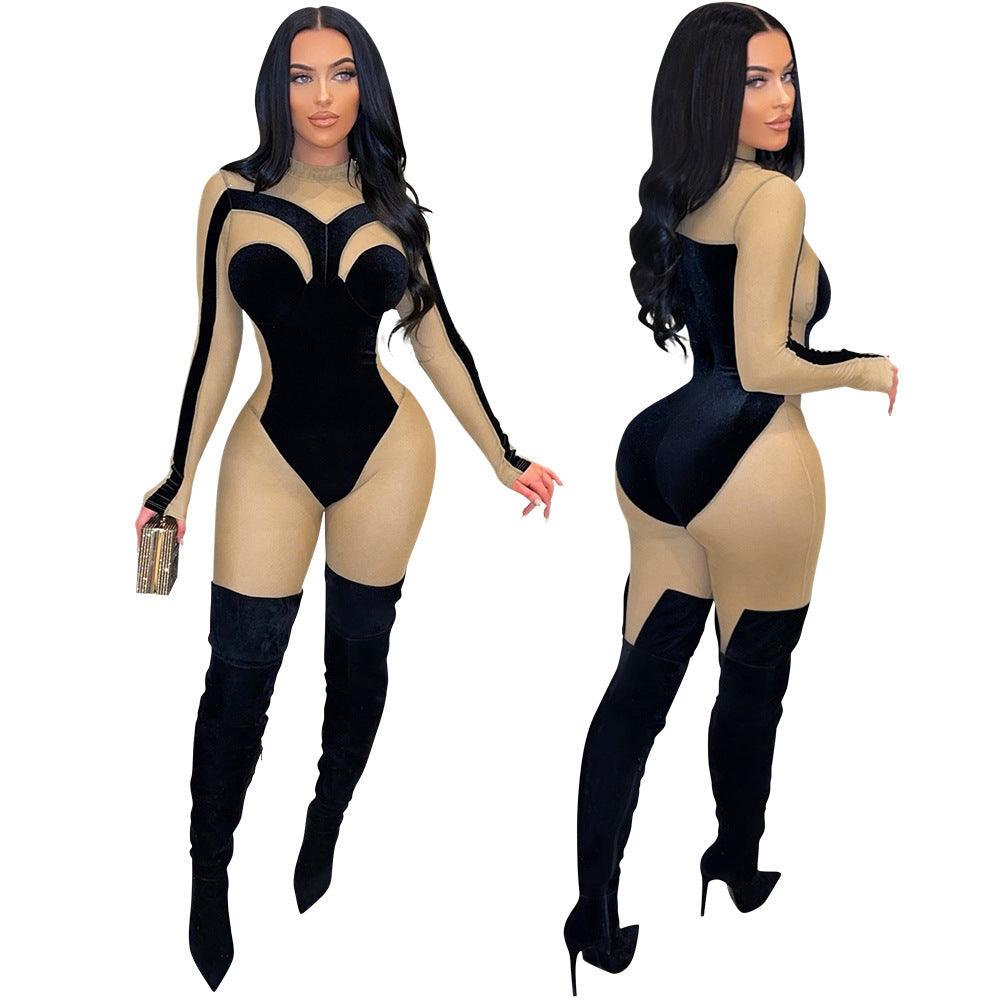 Sexy See-Through Velvet Tight Slimming Sheath Jumpsuit - Long Sleeve, Full Length - ForVanity jumpsuits, Jumpsuits & Rompers, women's clothing Jumpsuits
