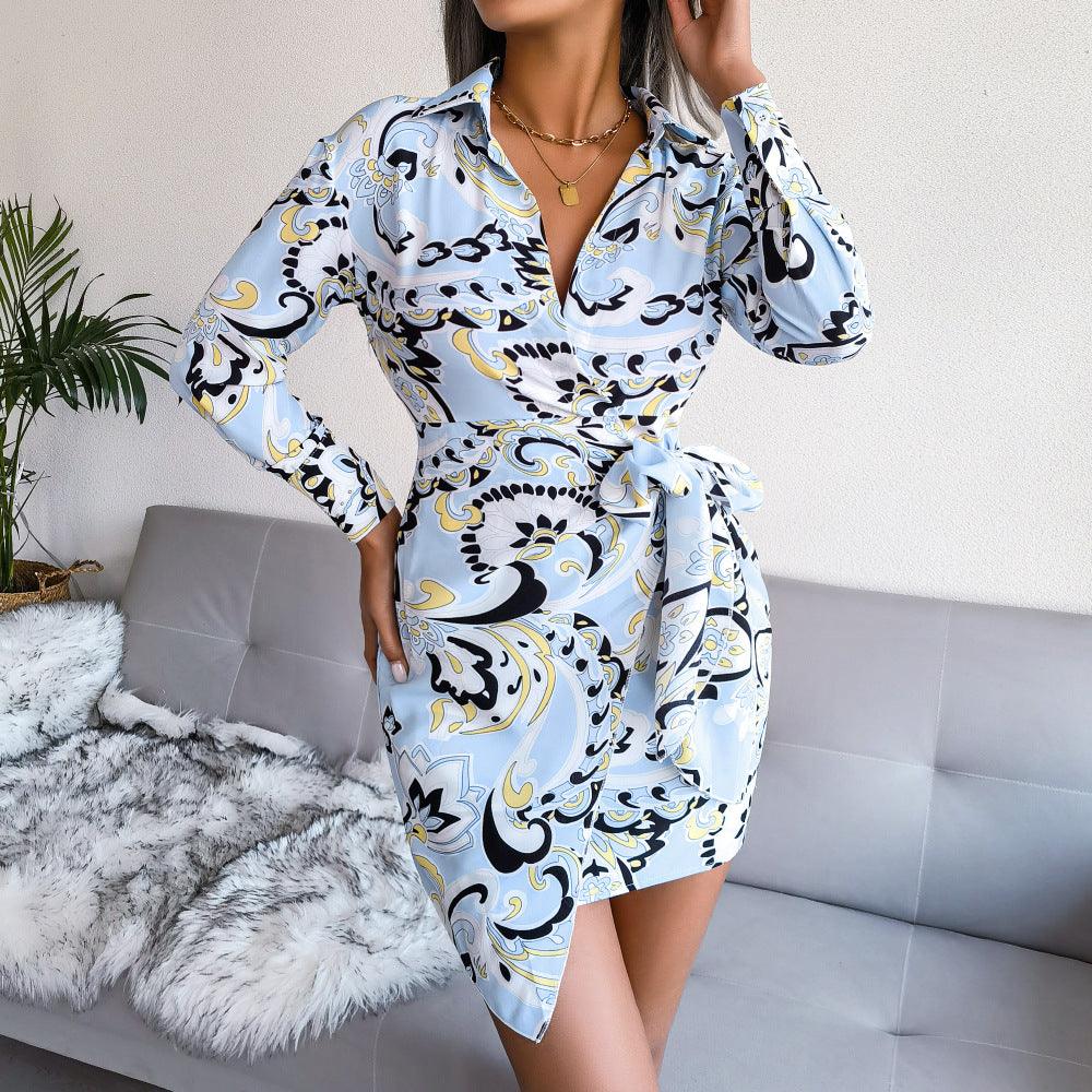 Chic Long-Sleeved Printed Casual Lace-up Shirt Dress - ForVanity dress, Office Dress Office Dress