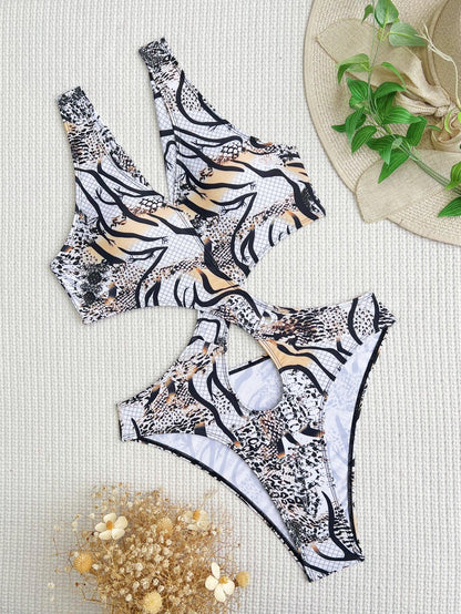 Chic Animal Print One Piece Halter Bikini Swimsuit with Ring and Cutout Detail - ForVanity swimwear, women's lingerie, women's swimwear Swimwear