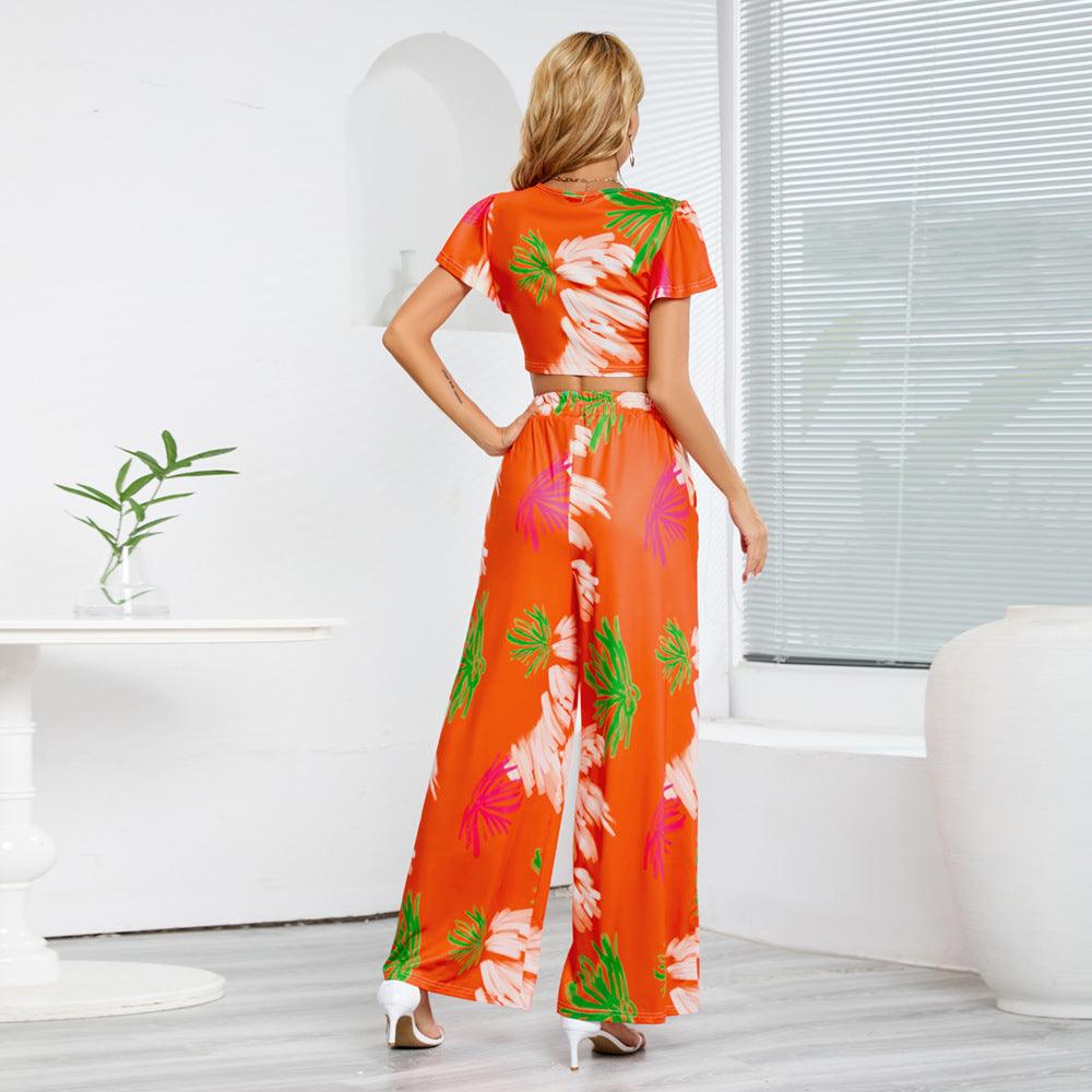 Summer Slimming Floral Two Piece Set with Ruffle and Belted Detail - ForVanity pant outfit, women's outfits Pants Outfits
