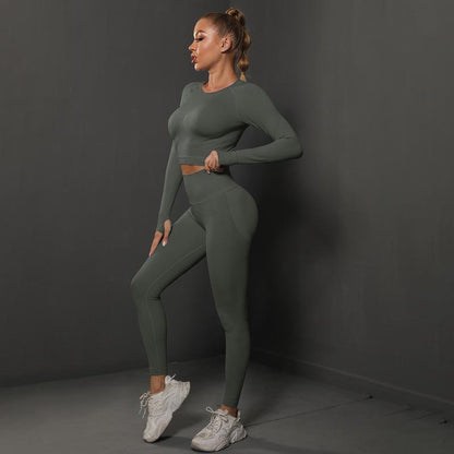 Sporty Seamless Pleated Peach Skinny Hip Lift Yoga Suit - ForVanity sports sets, women's sports & entertainment Sports Sets