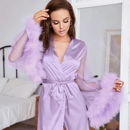 Women's Spring Summer Feather Satin Robe - ForVanity robes, Sweet Dreams, women's lingerie Robes