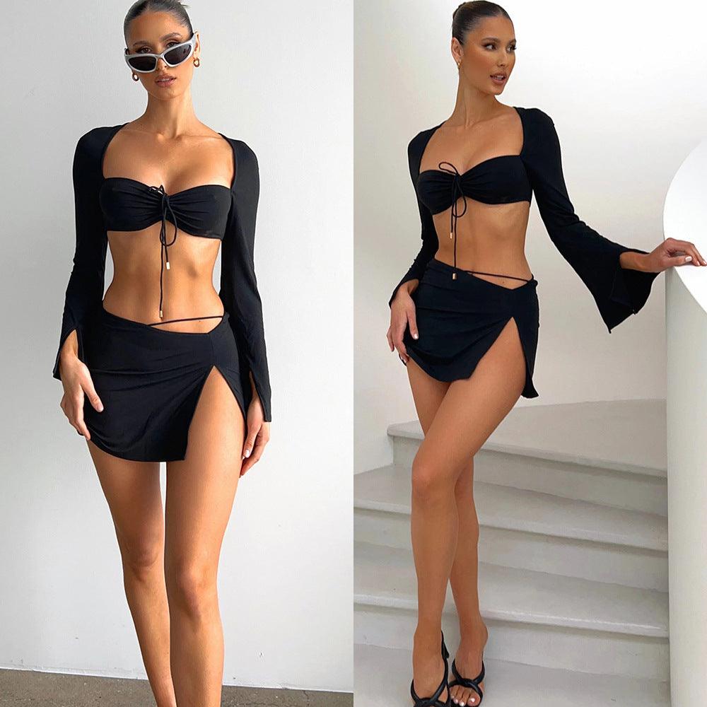 Chic & Sexy Two-Piece Lace-Up Cropped Top & Hollow Out Short Skirt Outfit - ForVanity skirt outfit, women's clothing, women's outfits Skirt Outfit