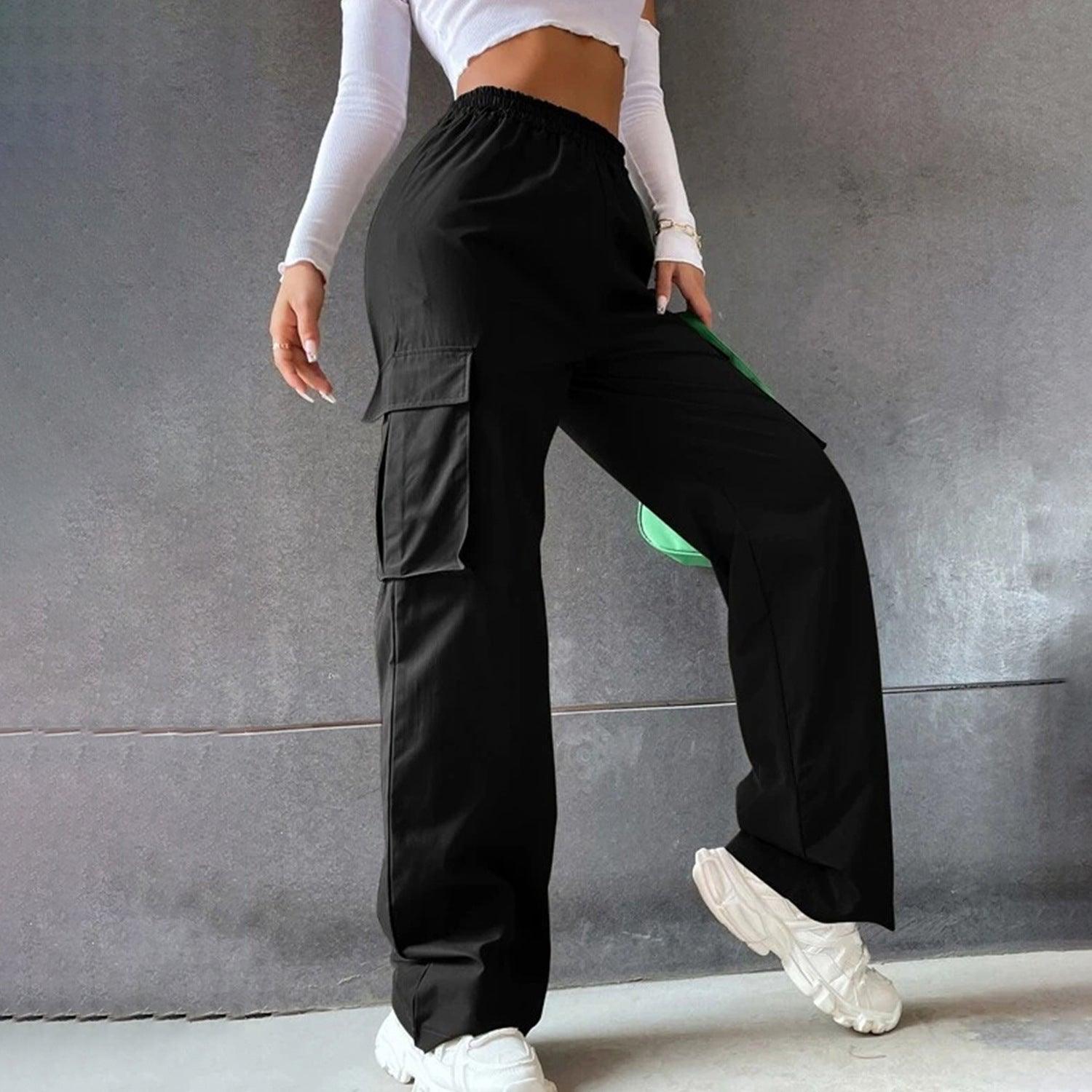 Solid Color High Waist Flip Pocket Pants - ForVanity 