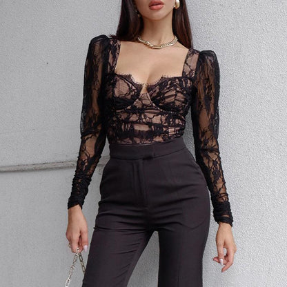 Look Stunning in Our Sexy Black Lace V-Neck Crochet Cutout Top - ForVanity blouses & shirts, women's clothing Shirts & Tops
