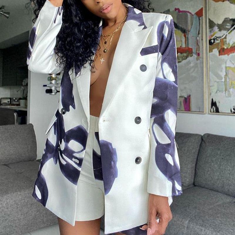 Women’s Printed Loose Blazer & Shorts Two-Piece Set - Office Style - ForVanity pant suit, women's clothing, women's outfits, women's suits Pant Suits