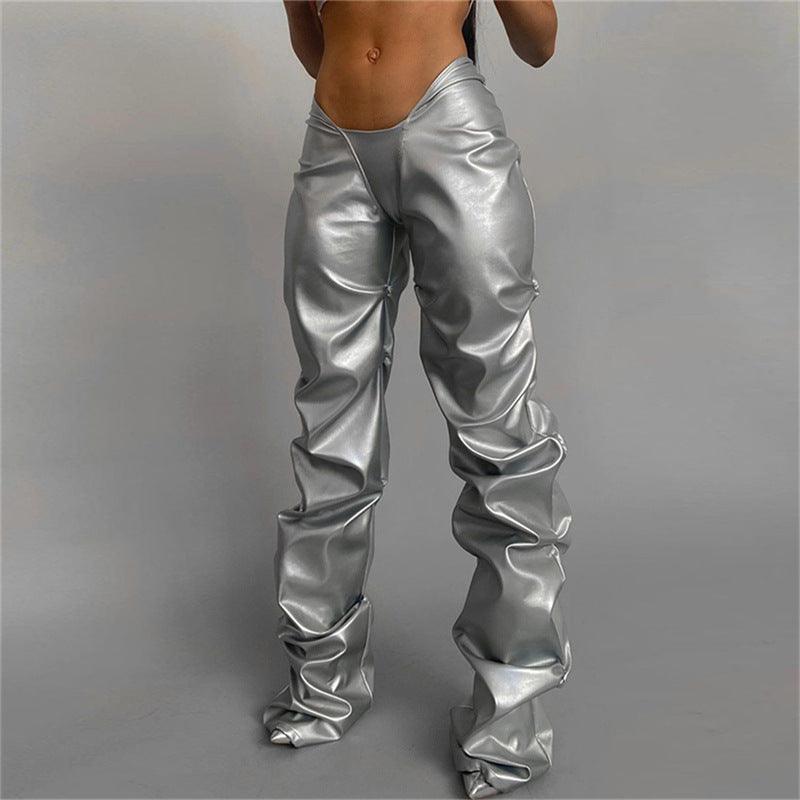 Low Waist Pleated Poly Urethane Leather Pants for Women - ForVanity pants & capris, women's clothing Pants
