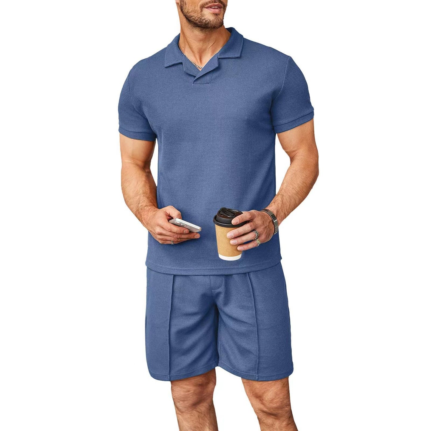 Men's 2-Piece Waffle Style V-Neck Polo Shirt & Shorts Set