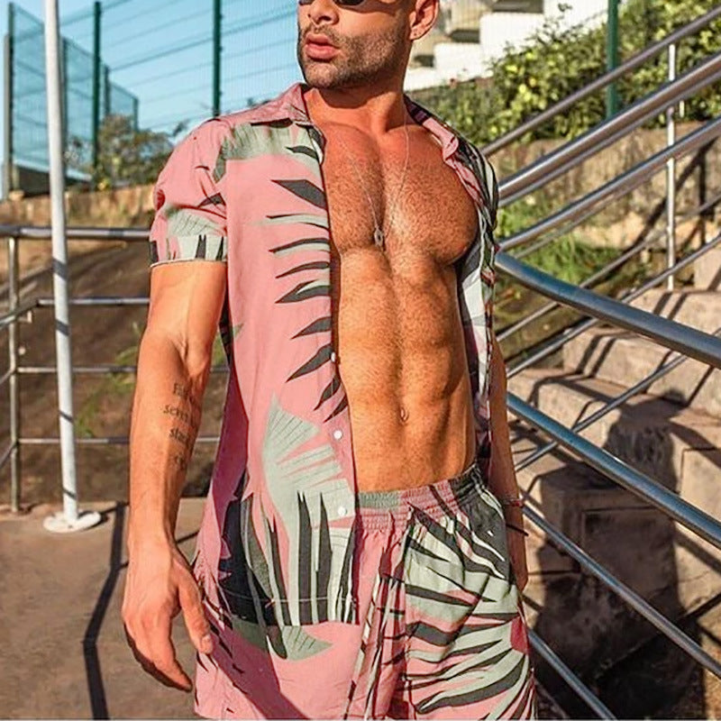 Men's Streetwear Short Sleeve Beach Shirt & Shorts Set - Casual Summer Outfits