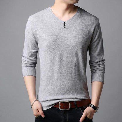 Men's Striped Slim-Fit V-Neck Knit Sweater - Korean Style