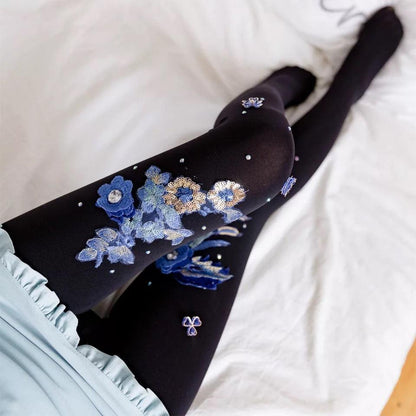 Floral Embroidered Cherry Blue Banshee Pattern Stockings - ForVanity lingerie accessories, Pantyhose & Stockings, women's lingerie Stockings