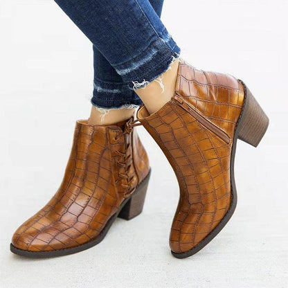 Ankle Pointed-toe Print Chunky Block Heel Boots - ForVanity boots, women's shoes Boots