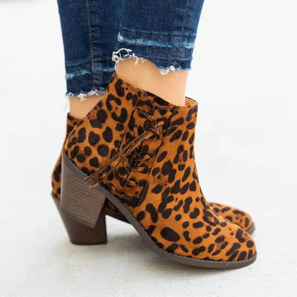 Ankle Pointed-toe Print Chunky Block Heel Boots - ForVanity boots, women's shoes Boots