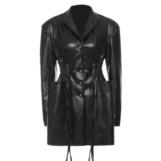 Chic Faux Leather Mid-Length Coat with Oversized Pockets - ForVanity jackets, jackets & coats, leather, Trench & Coats, women's clothing Jacket