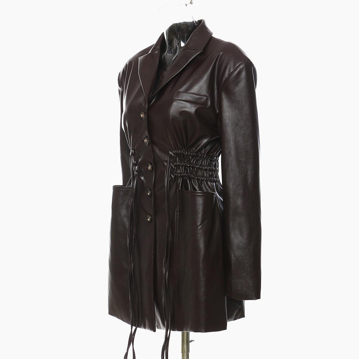 Chic Faux Leather Mid-Length Coat with Oversized Pockets - ForVanity jackets, jackets & coats, leather, Trench & Coats, women's clothing Jacket
