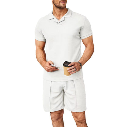 Men's 2-Piece Waffle Style V-Neck Polo Shirt & Shorts Set