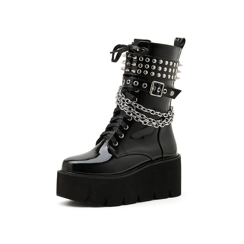 Rivet Rebel Patent Leather Platform Boots - ForVanity boots, women's shoes Boots
