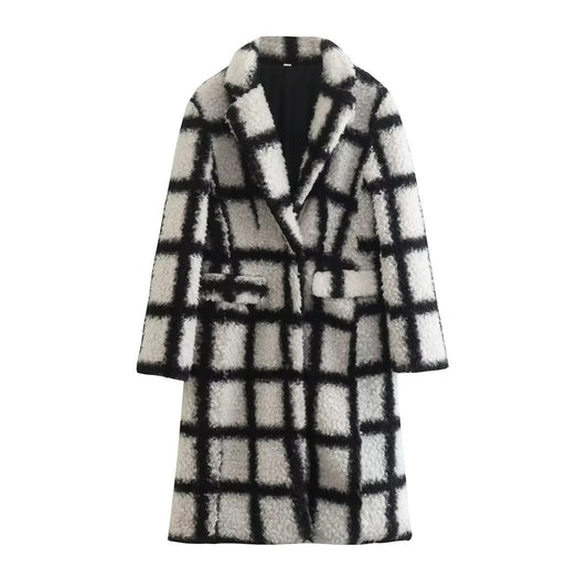 Black and White Slim Back Slit Lamb Woolen Coat - Perfect for Cold Weather - ForVanity coat, Fuzzy Coats, jackets & coats, women's clothing Coat