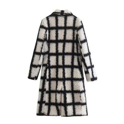 Black and White Slim Back Slit Lamb Woolen Coat - Perfect for Cold Weather - ForVanity coat, Fuzzy Coats, jackets & coats, women's clothing Coat