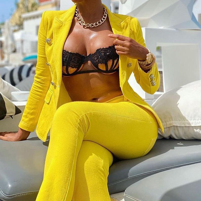 Women’s Casual Blazer & Straight-Leg Pants Set - Solid Color - ForVanity pant suit, women's clothing, women's outfits, women's suits Pant Suits
