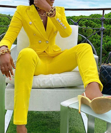 Women’s Casual Blazer & Straight-Leg Pants Set - Solid Color - ForVanity pant suit, women's clothing, women's outfits, women's suits Pant Suits