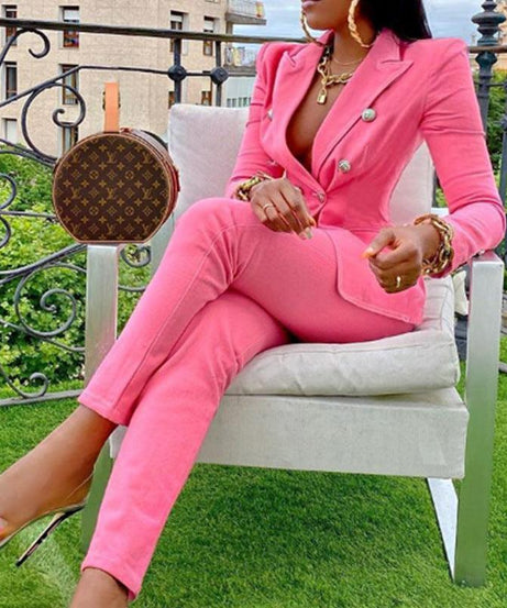 Women’s Casual Blazer & Straight-Leg Pants Set - Solid Color - ForVanity pant suit, women's clothing, women's outfits, women's suits Pant Suits