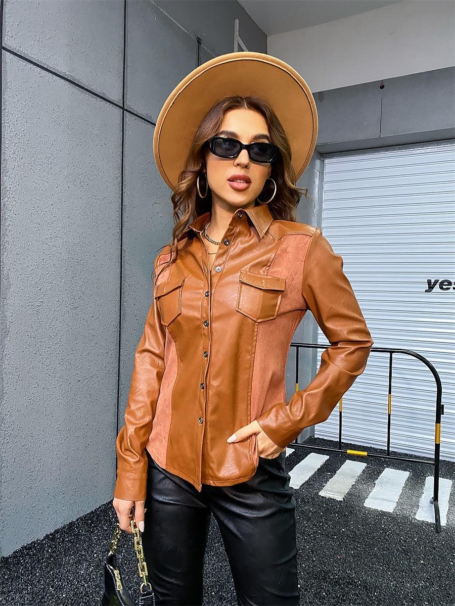 Casual Faux Leather Stitching Women Jacket - ForVanity 