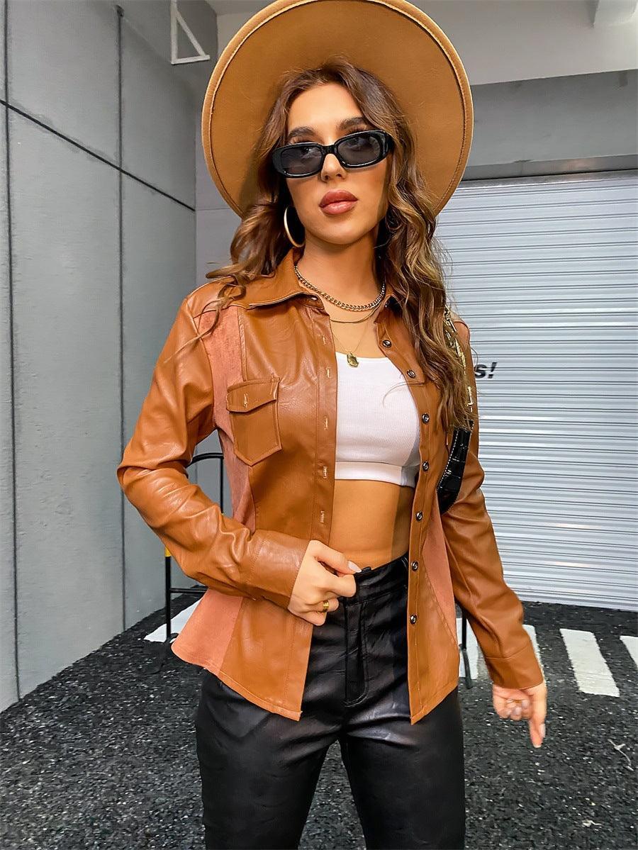 Casual Faux Leather Stitching Women Jacket - ForVanity 