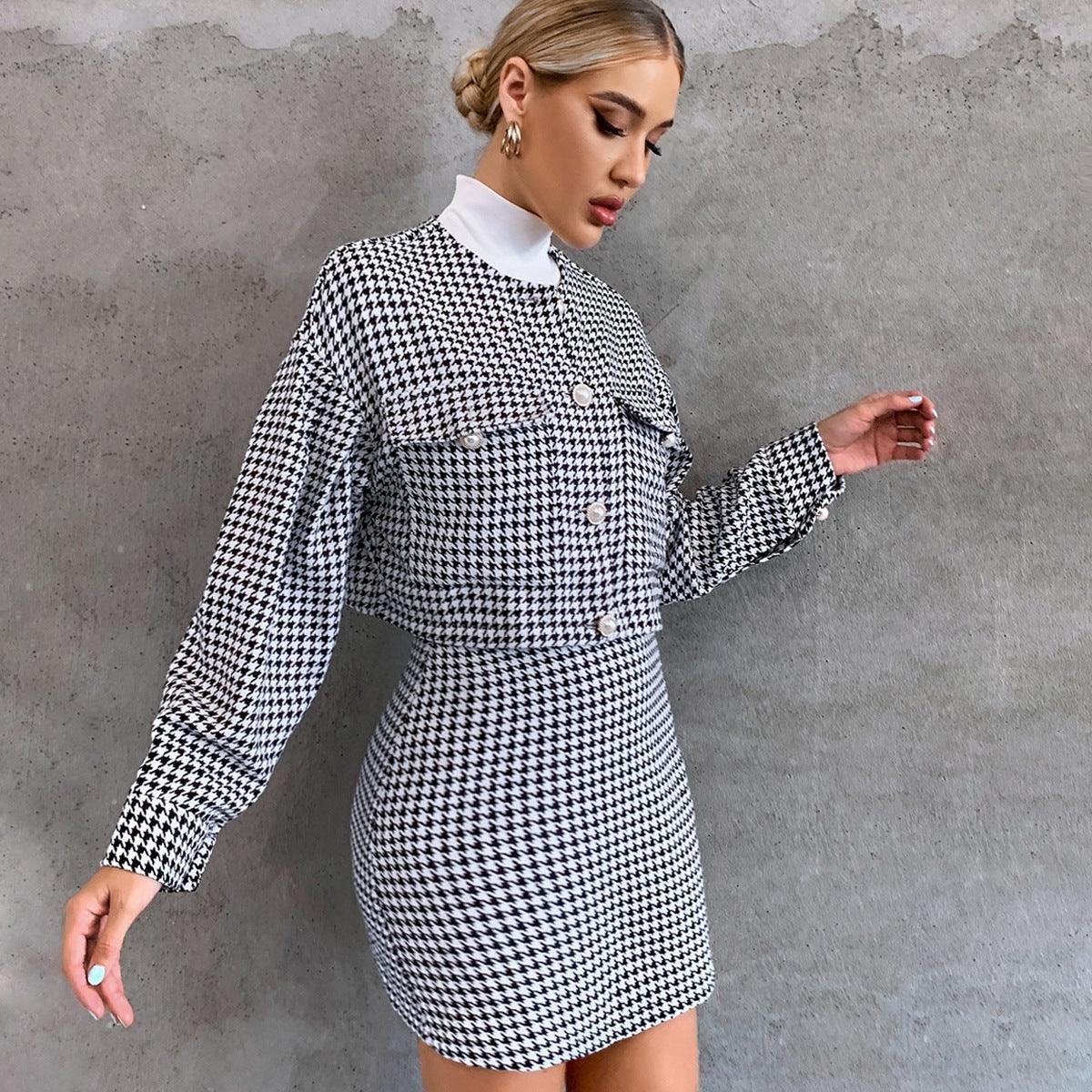 Check Pattern Hip-Wrapped Skirt Suit for Women - ForVanity women's clothing, women's suits Skirt Suits