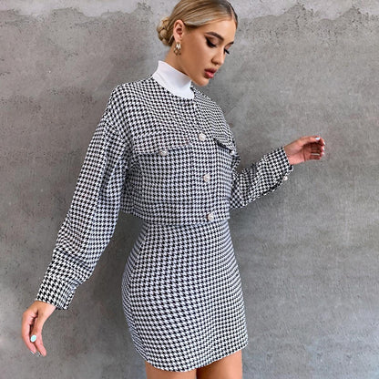 Check Pattern Hip-Wrapped Skirt Suit for Women - ForVanity women's clothing, women's suits Skirt Suits