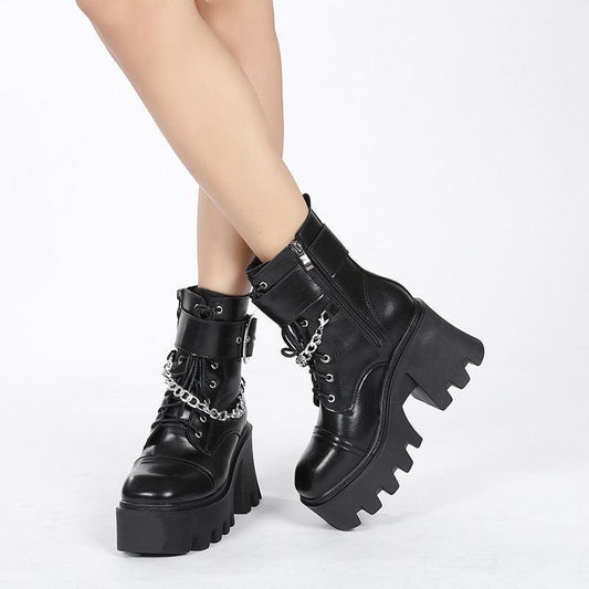 Women's Black Square Toe Platform Boots with Belt Buckle and Chain - ForVanity boots, women's boots, women's shoes Boots