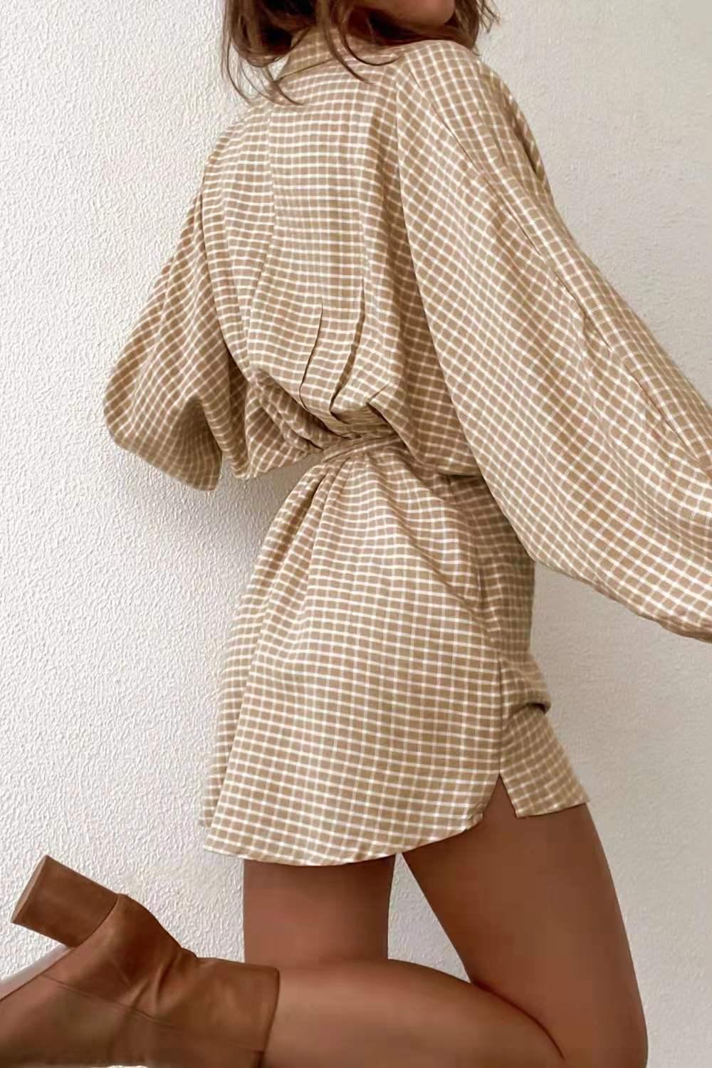 Elegant Cotton Linen Plaid Shirt Dress with Wide Lantern Sleeves - ForVanity casual dress, dress, women's clothing Casual Dress
