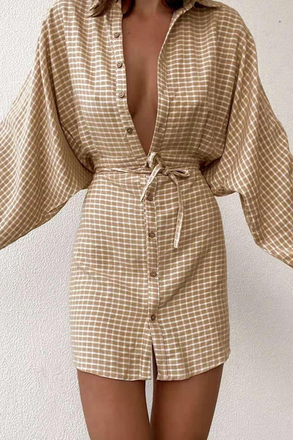 Elegant Cotton Linen Plaid Shirt Dress with Wide Lantern Sleeves - ForVanity casual dress, dress, women's clothing Casual Dress