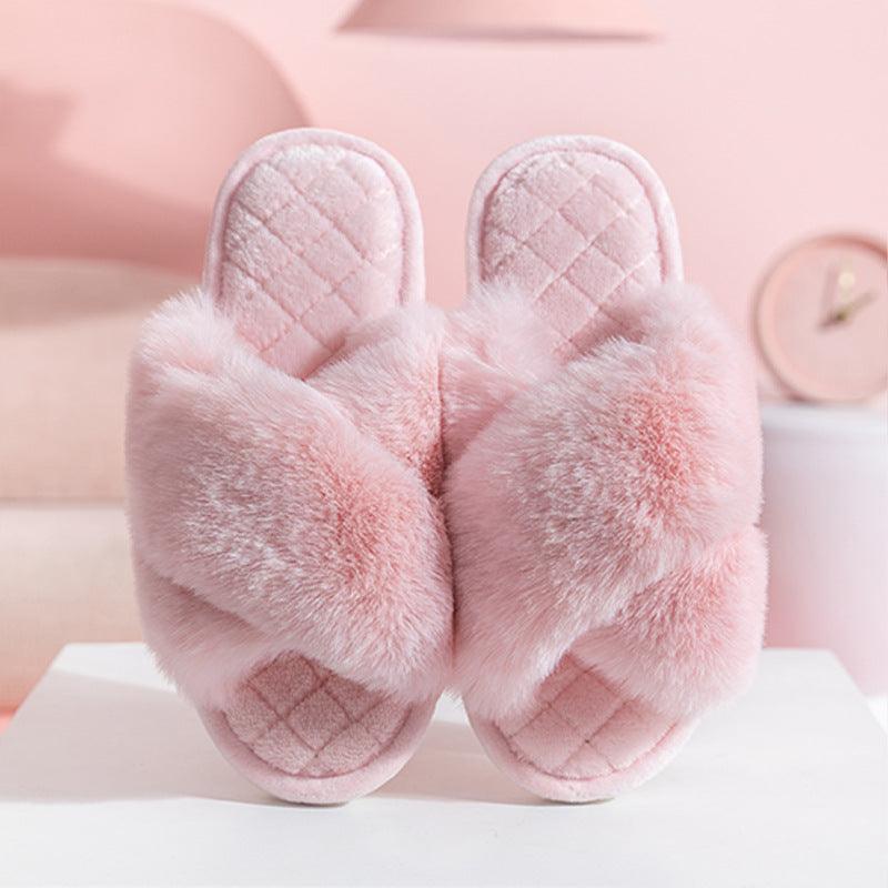 Cross-strap Furry Warm House Slippers - ForVanity house slippers, women's shoes Slippers