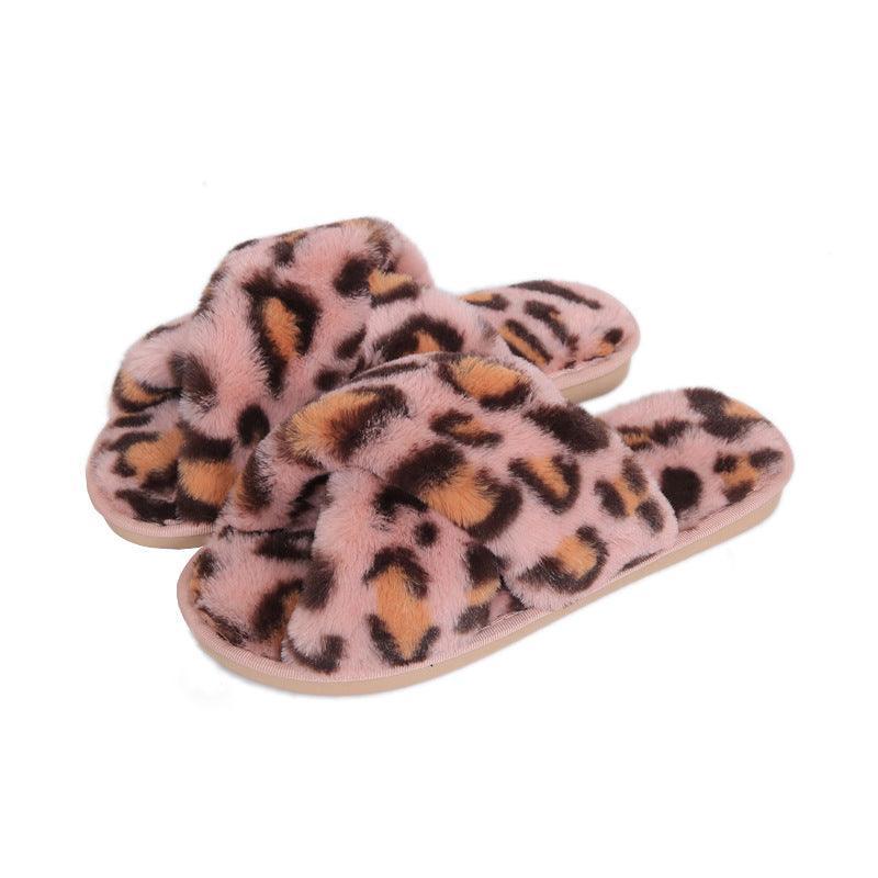 Cross-strap Fuzzy Leopard Plush House Slippers - ForVanity house slippers, women's shoes sli