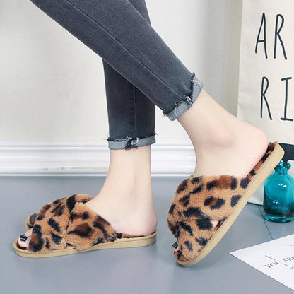 Cross-strap Fuzzy Leopard Plush House Slippers - ForVanity house slippers, women's shoes sli