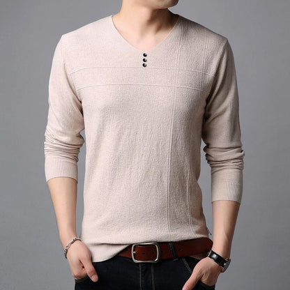 Men's Striped Slim-Fit V-Neck Knit Sweater - Korean Style