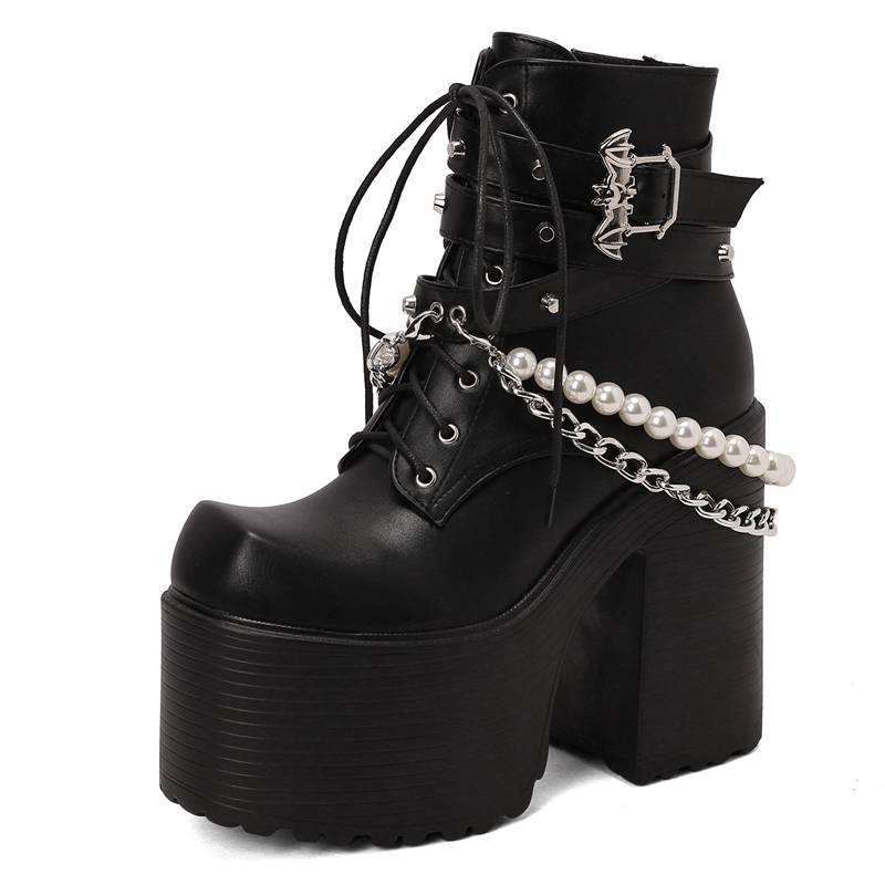 Belt Buckle Beaded Chain Women's Leather Boots - ForVanity boots, women's shoes Boots