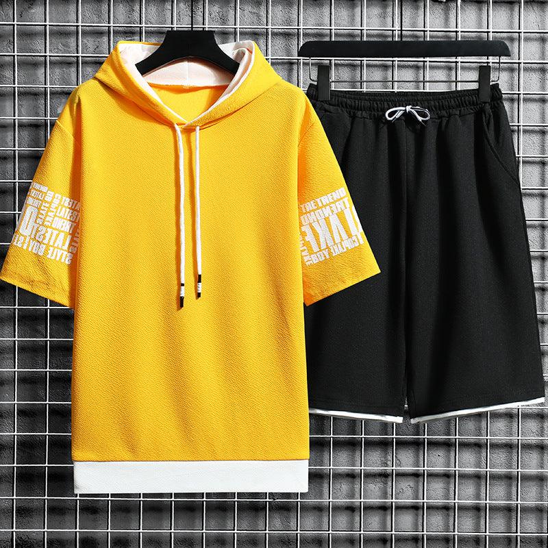 Men's Athletic Shorts & Hooded Short-Sleeve Sweater Set - Summer Casual Sports Outfit - ForVanity men's clothing, men's outfits, men's set, short outfit Men's Outfit