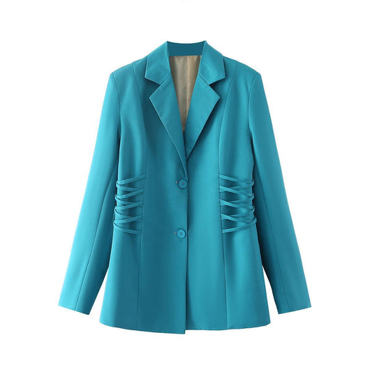 Classic Blue Blazer with Drawstring Collar - Women's Early Autumn Collection - ForVanity blazer, jackets & coats, women's clothing Blazer